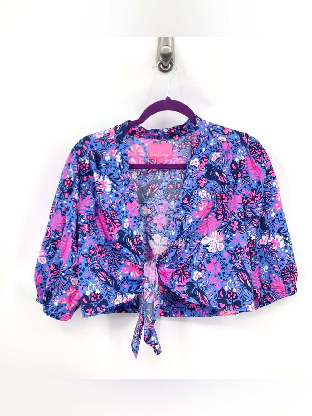 Lilly Pulitzer Women Size Large Shirt Front Tie Livvie Top Blue Pink Boca Birds